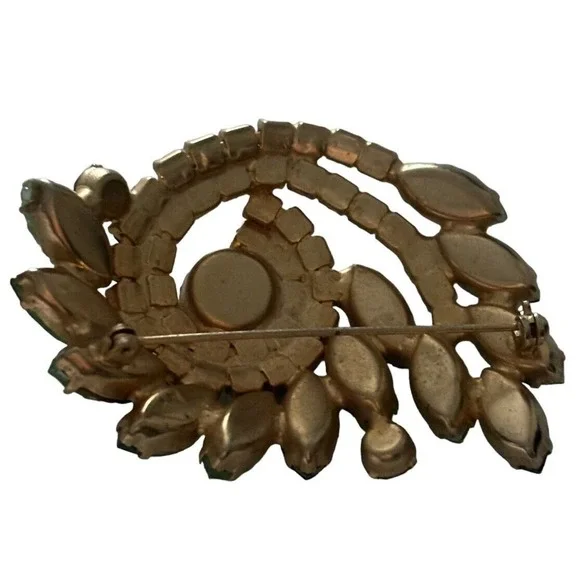 Vintage Multicolored Green Rhinestone Crystal Marquise Brooch Pin Mid Century - Picture 8 of 9